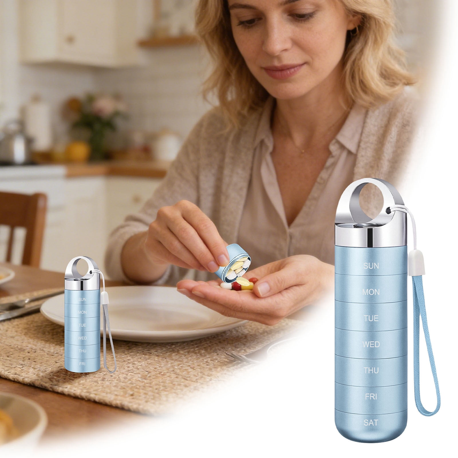 Gytml 7-Day Pill Case, Portable Weekly Pill Organizer, Leak-Proof Daily Pill Box With Lanyard For Travel & Daily Use(Light Blue-16X4X4Cm)