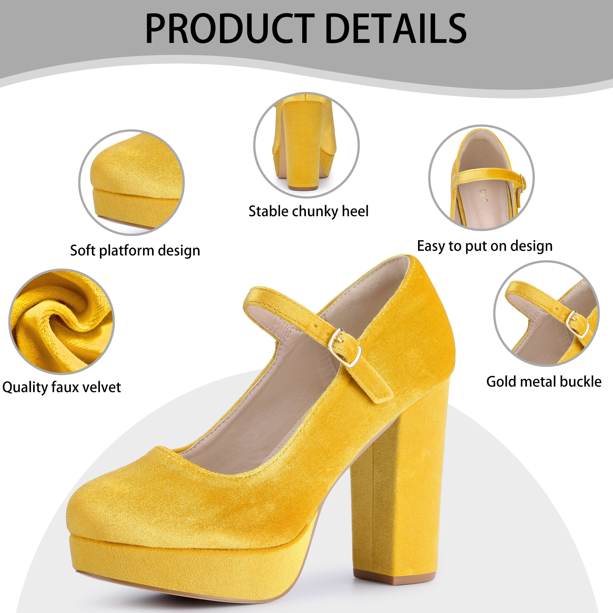 DARING DIVA Women's Velvet Ankle Strap Platform Block Heels Mary Jane Pumps Yellow 7