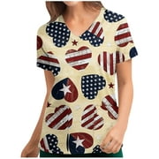 TopLLC Womens Plus Size Scrubs Independence Day Women's V-Neck Casual Short Sleeve Printed Pockets Ladies Tops Blouse Uniform Casual Nurse Shirts Scrubs on Clearance