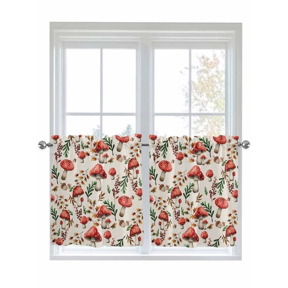 Red Mushrooms 2 Panel Kitchen Curtains for Small Windows, Maple Leaves Plants Vintage Botanical Bathroom Tier Curtain, Short Window Treatment for Bedroom/Living Room 55"x36"