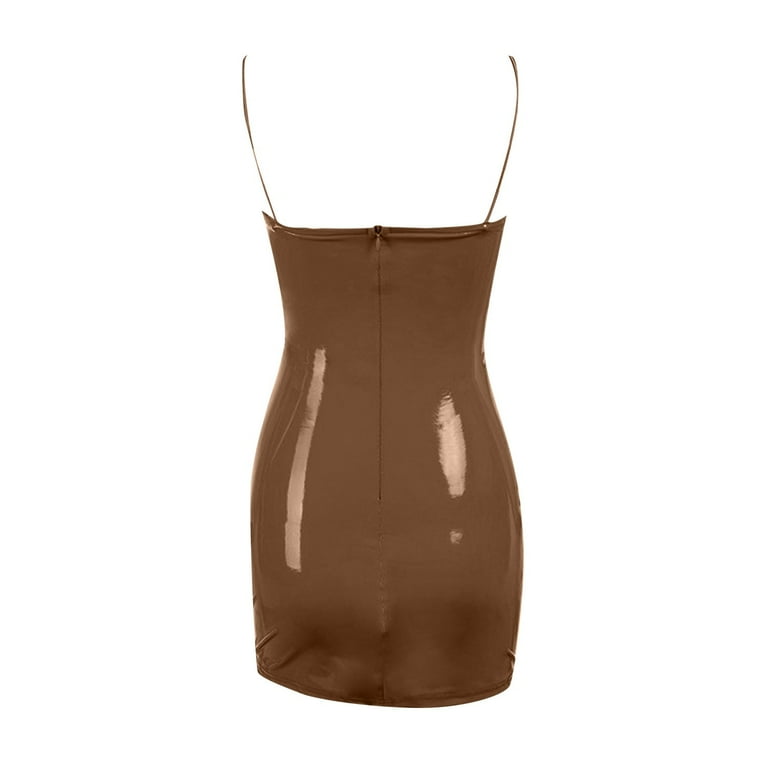 Fall Dresses Latex Leather Spaghetti Strap Bodycon Tight Ruched Low Cut  Club Party Mini formal Dress - Walmart.com