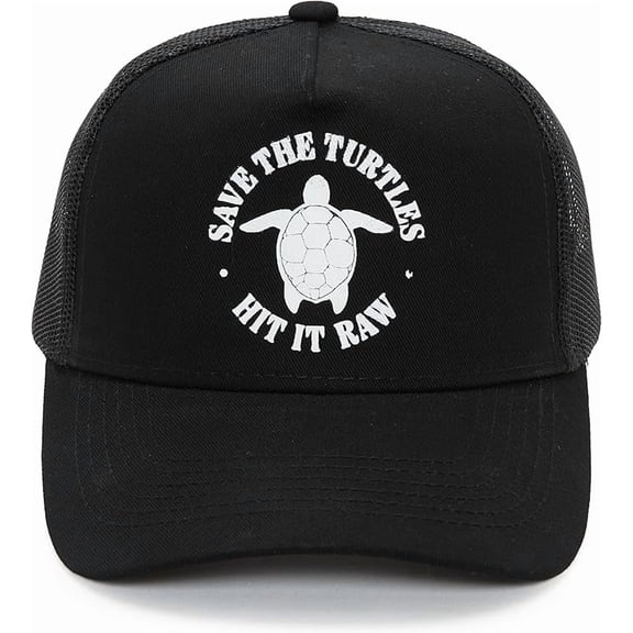 Funky Junque 5-Panel Structured Mesh Trucker Hat for Men and Women - Save the Turtles Hit It Raw - Black