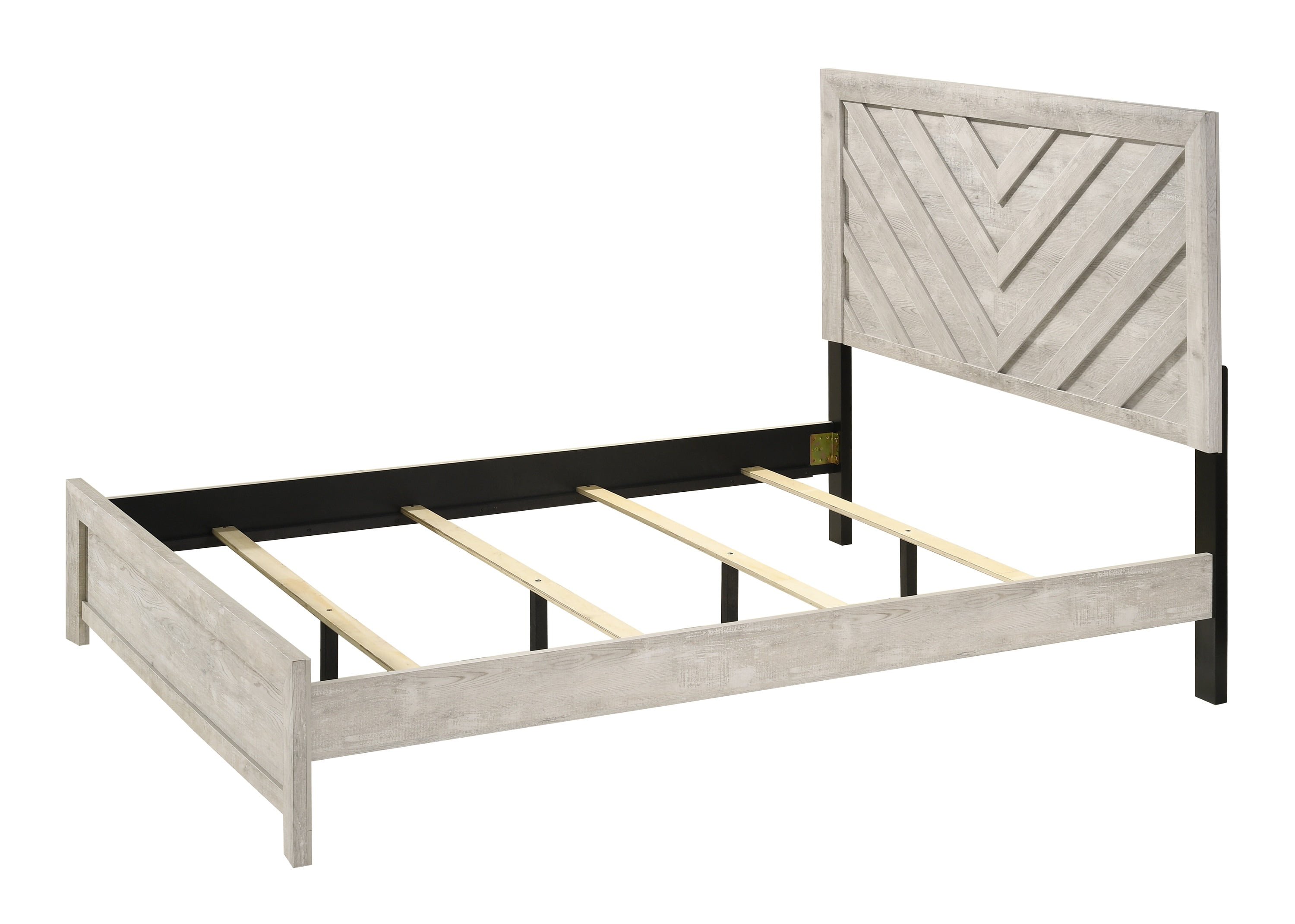 Bed Frame 1pc King Size Bed Rustic Beige Gray Finish Wooden Bedroom Furniture Geometric Design Chevron Pattern