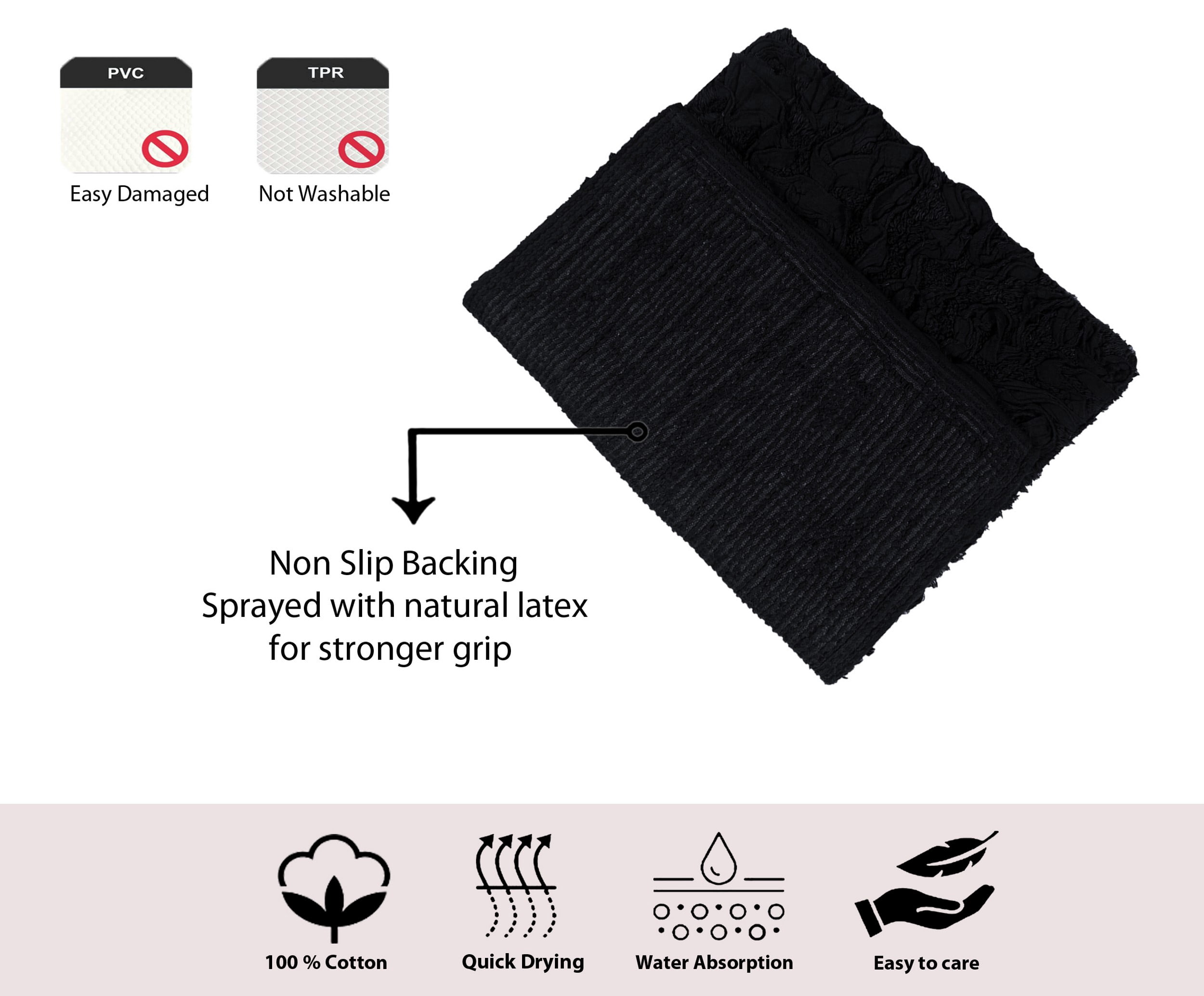 Home Weavers Bell Flower Collection 100% Cotton Non-Slip Bathroom Rug Set Machine Washable Bathroom Rug, Bath Rug, Bathroom Rug, Runner, Black Color 4 Piece Bath Rug set