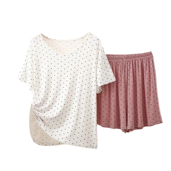 ROHUUQUE Women Solid Pajama Set Short Sleeve Crew Neck Top & Shorts 2 Piece Sleepwear
