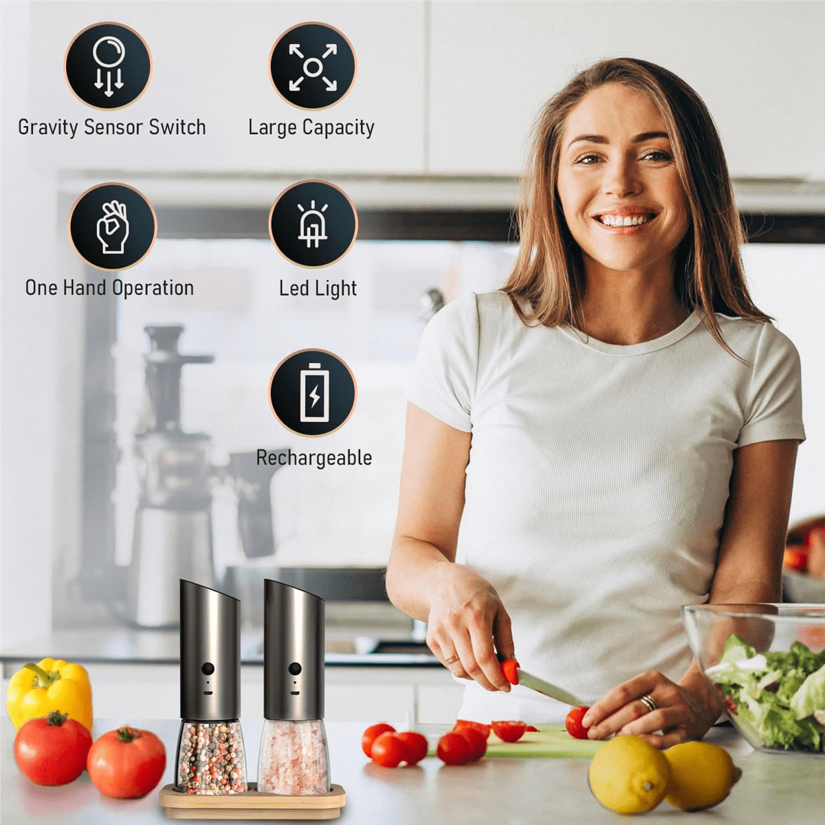 Electric Salt and Pepper Grinder Set with Bamboo Base, Adjustable Coarseness - Automatic Salt and Pepper Shakers