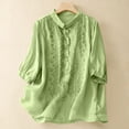 thumbnail image 3 of Women's Floral Print Linen Shirts Solid Color 3/4 Sleeve Lapel Button Embroidered Casual Top Green, 3 of 9
