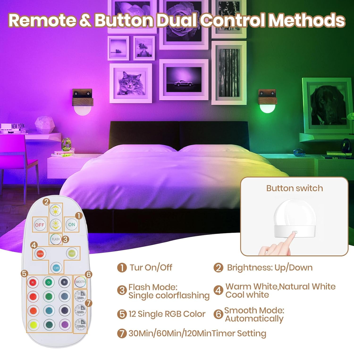KEESFU Picture Lights for Wall Set of 2, Battery Operated Wall Sconce with Remote,3 Color Dimmable & 12 RGB Rechargeable Wall Sconce,Wireless Wall Light for Pictures Bedroom Display Reading Bedside.
