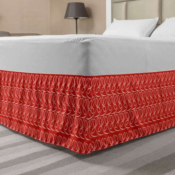 Moroccan Bed Skirt, Repetitive Dots Arrangement Leaves Inspired Vibrant Tones Illustration, Elastic Bedskirt Dust Ruffle Wrap Around for Bedding Decor, 4 Sizes, Vermilion and White, by Ambesonne