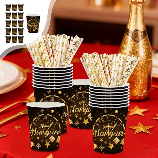 Juego de platos y vasos desechables para fiestas | Vajilla para la celebración de Nochevieja | Platos, vasos y servilletas de papel de 18 cm y 23 cm