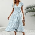 thumbnail image 2 of Women's Summer Floral Print V-Neck Waisted Short Sleeve Dress with Ruffled Hem - Casual A-Line Stretch Dress for Outdoor, Party, or Daily Wear,Blue L, 2 of 5