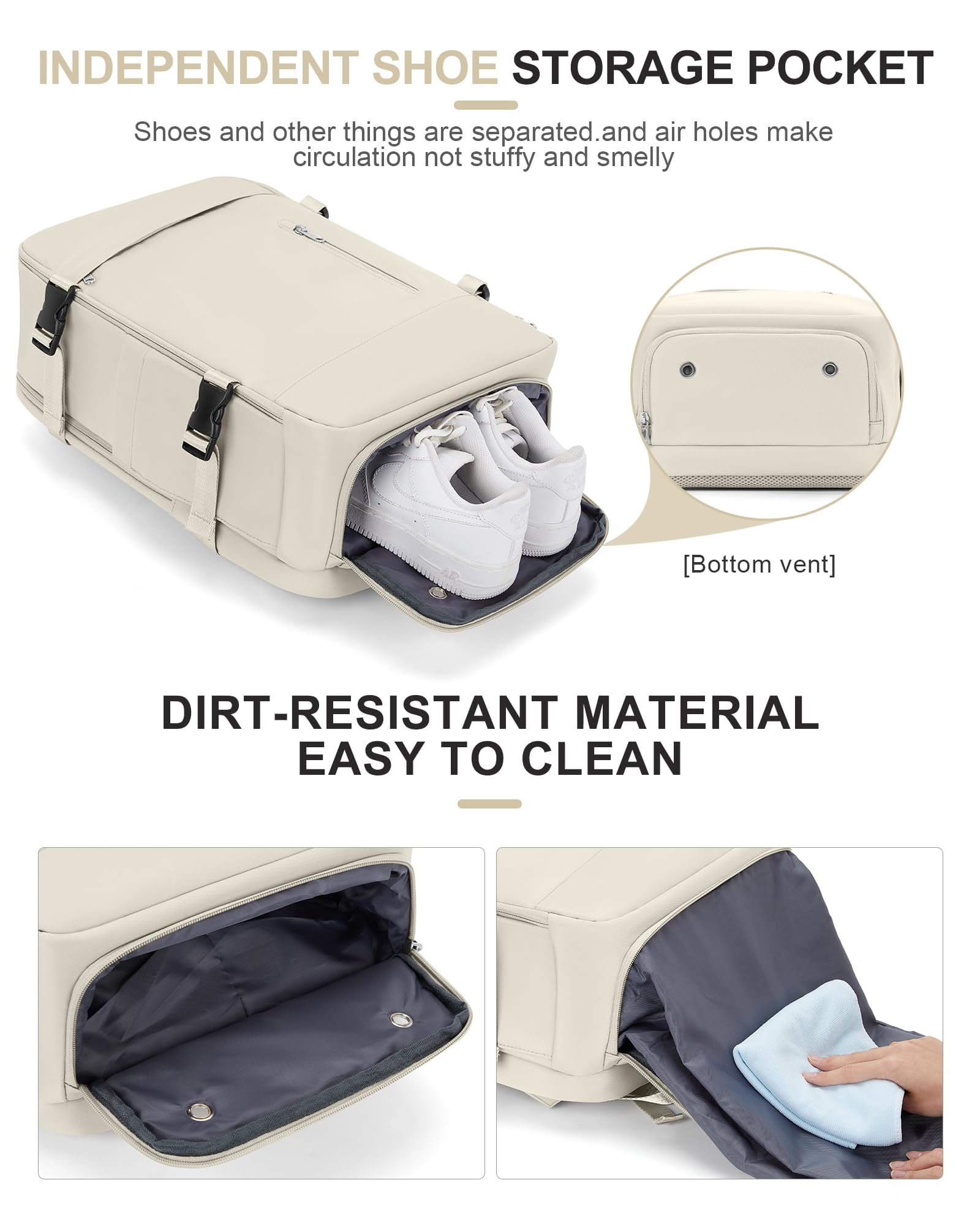 DAKIMOE Large Travel Backpack for Adults Carry on Laptop Backpack Flight Approved Waterproof College Bag with USB Charging Port & Shoe Pouch Casual Daypack for Women Men for Weekender Business, Beige