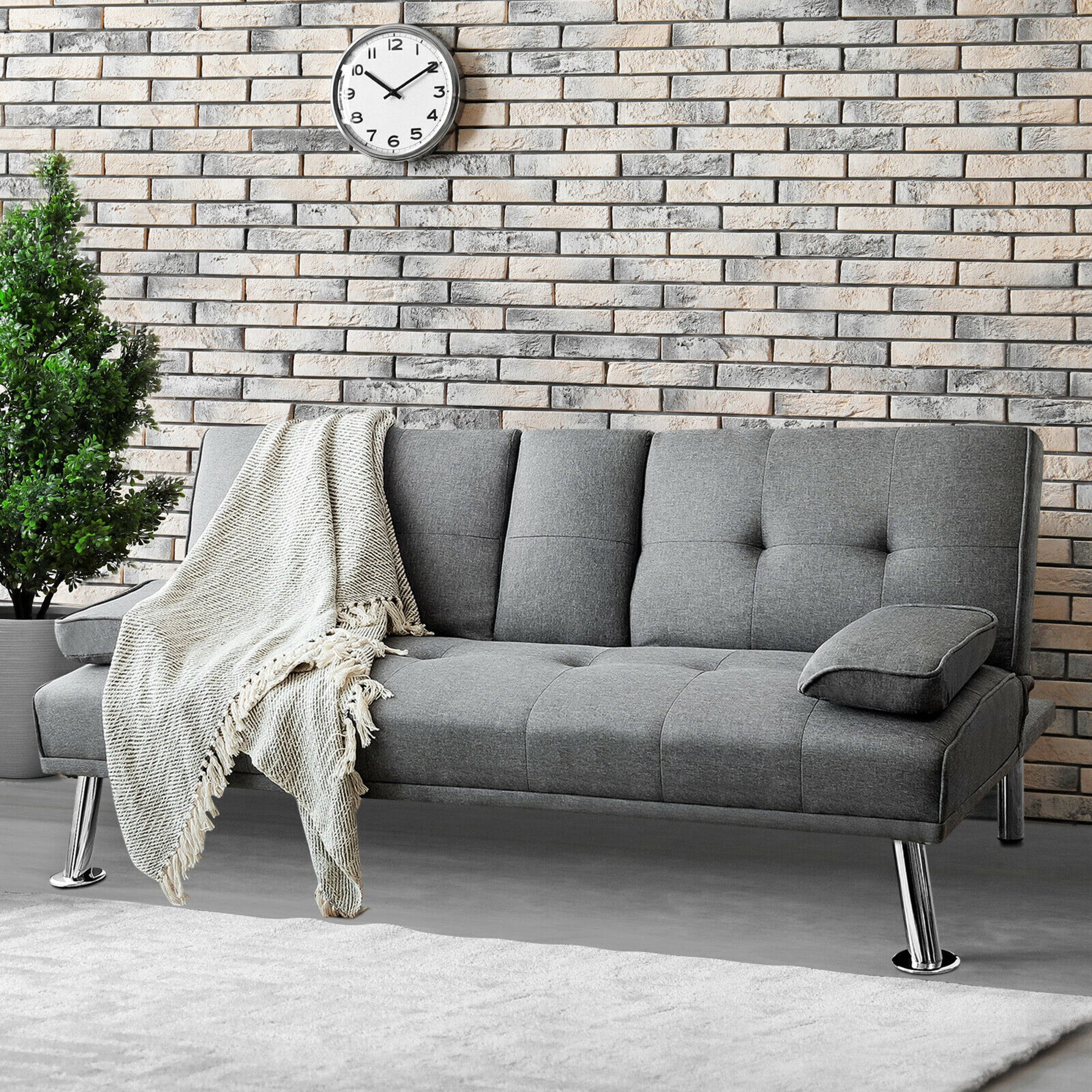 Gymax Folding Futon Sofa Bed Fabric w/2 Cup Holders Light Gray