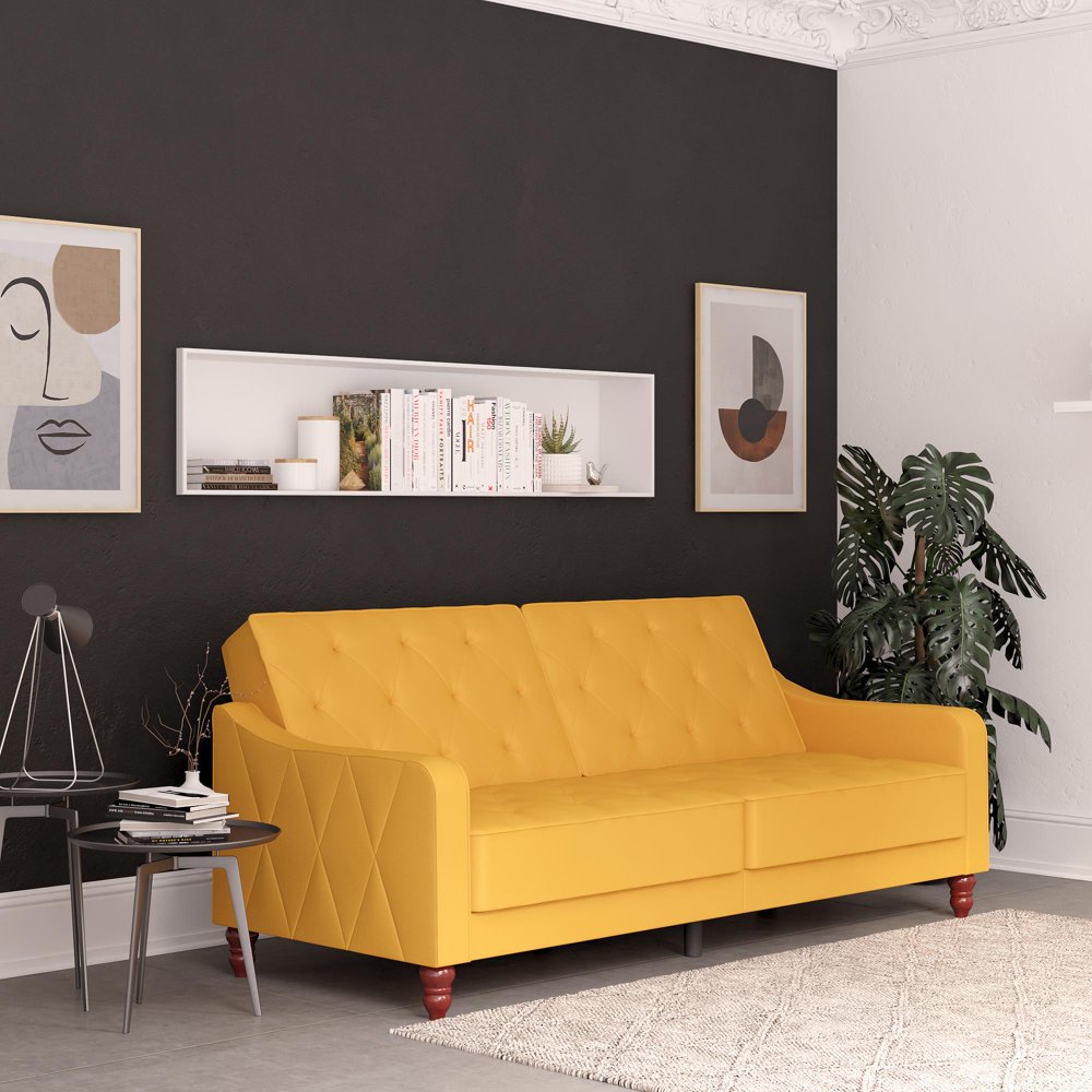 Novogratz Vintage Tufted Split Back Futon, Mustard Yellow Velvet
