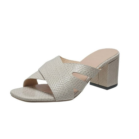 

Anuirheih Clearance Slip on Sandals Women Women s Summer Casual Comfortable Square Heel Slippers Middle Heel Fashion Solid Color Slippers(Beige)