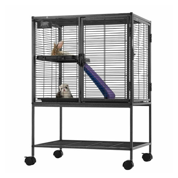 34" Ferret Cage 2-Tier Metal Animal Cage, Rolling Small Pet Habitat with Ramp & Tray