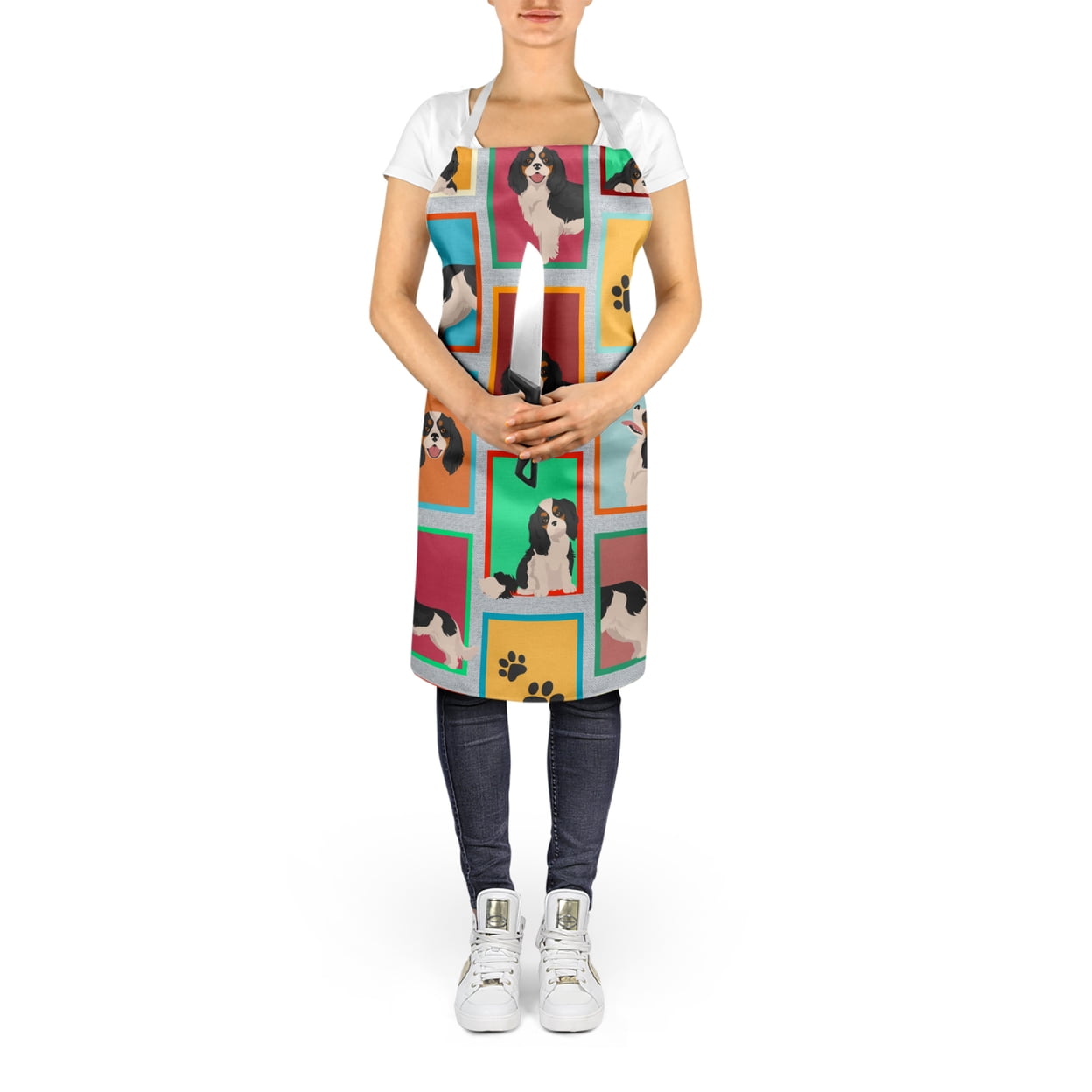Lots of Tricolor Cavalier Spaniel Apron 27 in x 30 in