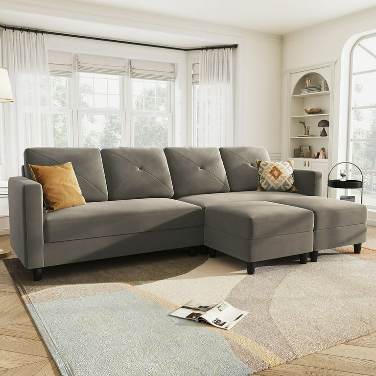 HONBAY Velvet U-Shaped Sectional Sofa Couch Set and Tufted Back Cushions  for Living Room, Dull Grey 