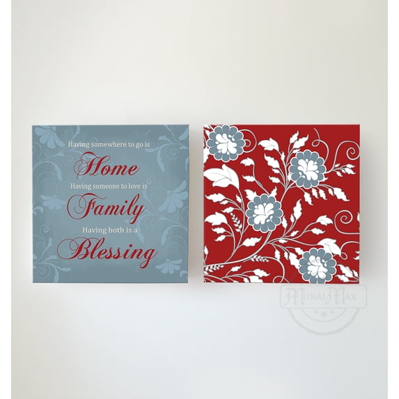 MuralMax Home Family Blessing Inspirational Bible Verse - Modern Blooming Poppies Floral Canvas Art - Wall Decor For Living, Dining Rooms & Master Bedroom Color Silver Blue - Set of 2 - Size-30x30