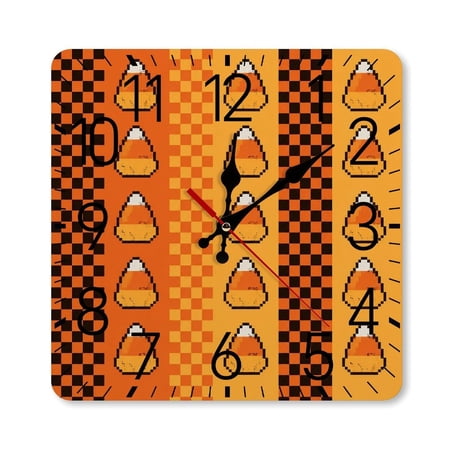 GooTPa 10×10inch Square Silent Wall Clock Wooden Frame, Candy Corn Pixel Stripe Pattern Scale Decorative Clock for Home Bedroom Living Room Office