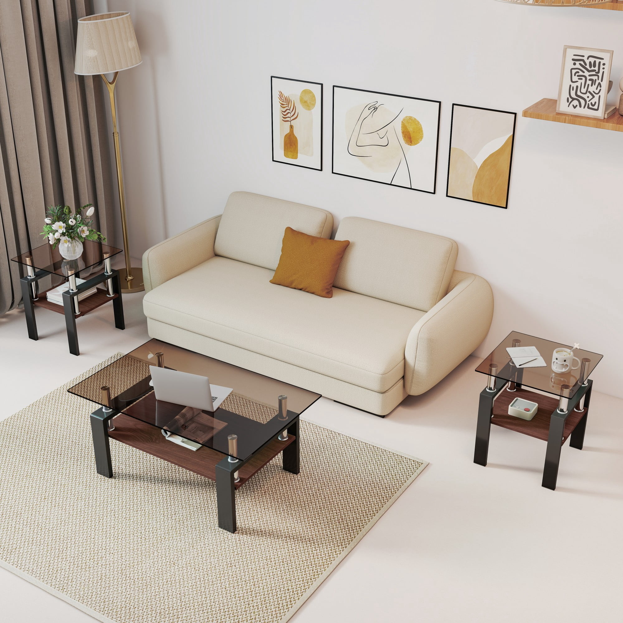 Euroco Set of 2 Modern Tempered Glass Tea Table ,Tempered Glass Tabletop with MDF Layer,Coffee Table,End Table, Square Table for Living Room, Brown/black