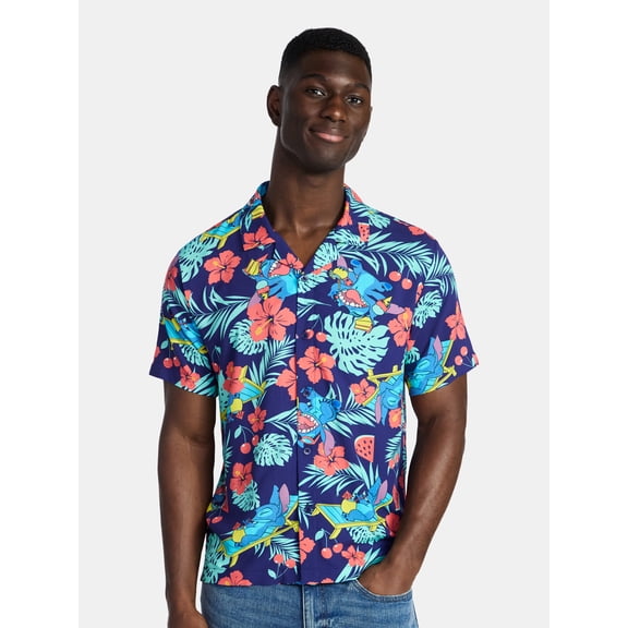 Lilo and Stitch Men's and Big Men's Graphic Button-Up Shirt, Sizes XS-3XL
