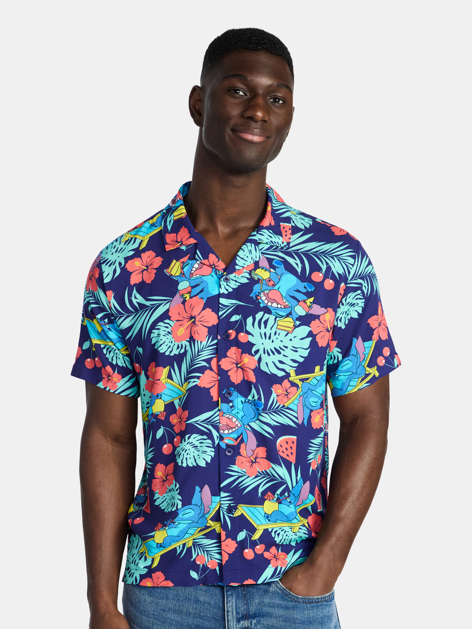 Lilo & Stitch Men's and Big Men's Graphic Button-Up Shirt, Sizes XS-5XL