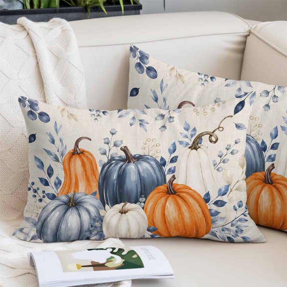 Orange Blue Pumpkin Fall Pillow Protectors with Zipper Standard Size, Rustic Maple Leaf Thanksgiving Soft Brushed Microfiber Breathable Throw Pillow Covers, Pillowcase for Sofa Couch Bedroom 20"x26"