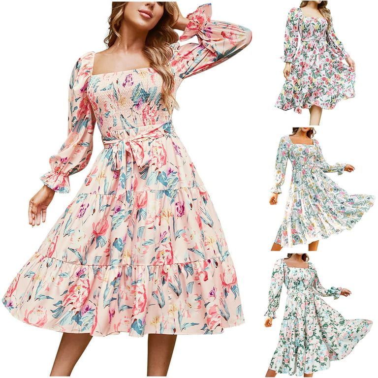 Sales Today Clearance KANY Long Sleeve Dress Valentine's Day Print Dress  Women's Casual Fashion Printed Long Sleeved Irregular Pleated Round Neck