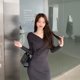 thumbnail image 3 of Hdspq-vestido de punto de manga larga con cuello en V para mujer, elegante vestido Midi ajustado de estilo coreano, ropa con cordones, Otoño e Invierno, 3 of 5