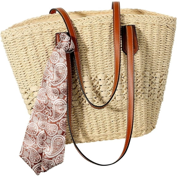 mirlewaiy Beach Bags for Women, Summer Straw Bag, Woven Straw Beach Tote Bag Shoulder Handbags-Beige