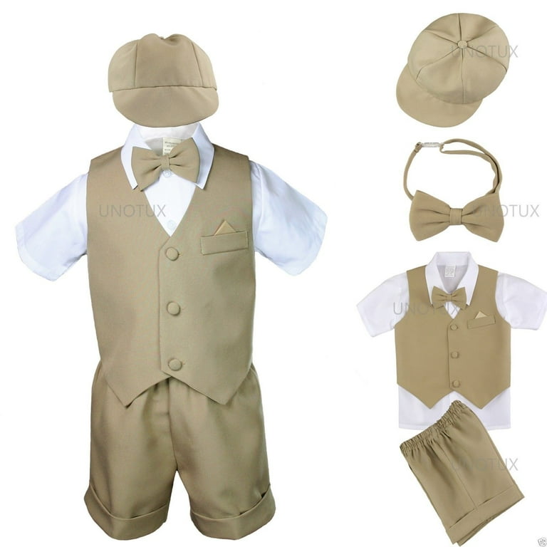 Khaki Baby Infant Boy Toddler Formal Eton Suit Vest Set Shorts