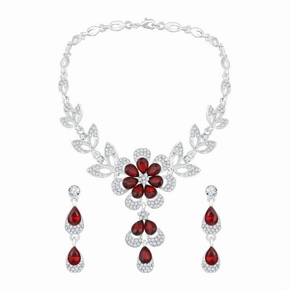 Parshwa Creations Indian Women's Jewelry Set, Silver Plated Rhinestone Flower Shape Color Matching Water Drop Prom Party Accessories Wedding Bride Earrings Necklace Set