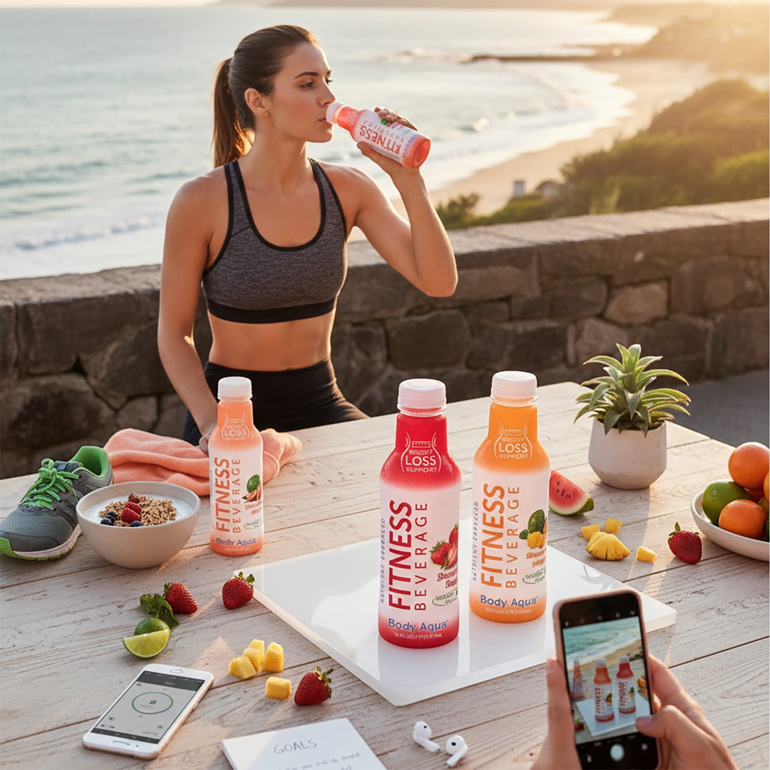 Body Aqua Fitness Beverage Watermelon Peach Mango Pineapple Flavor No Sugar Added Caffeine-Free 12 Pack 16 fl oz