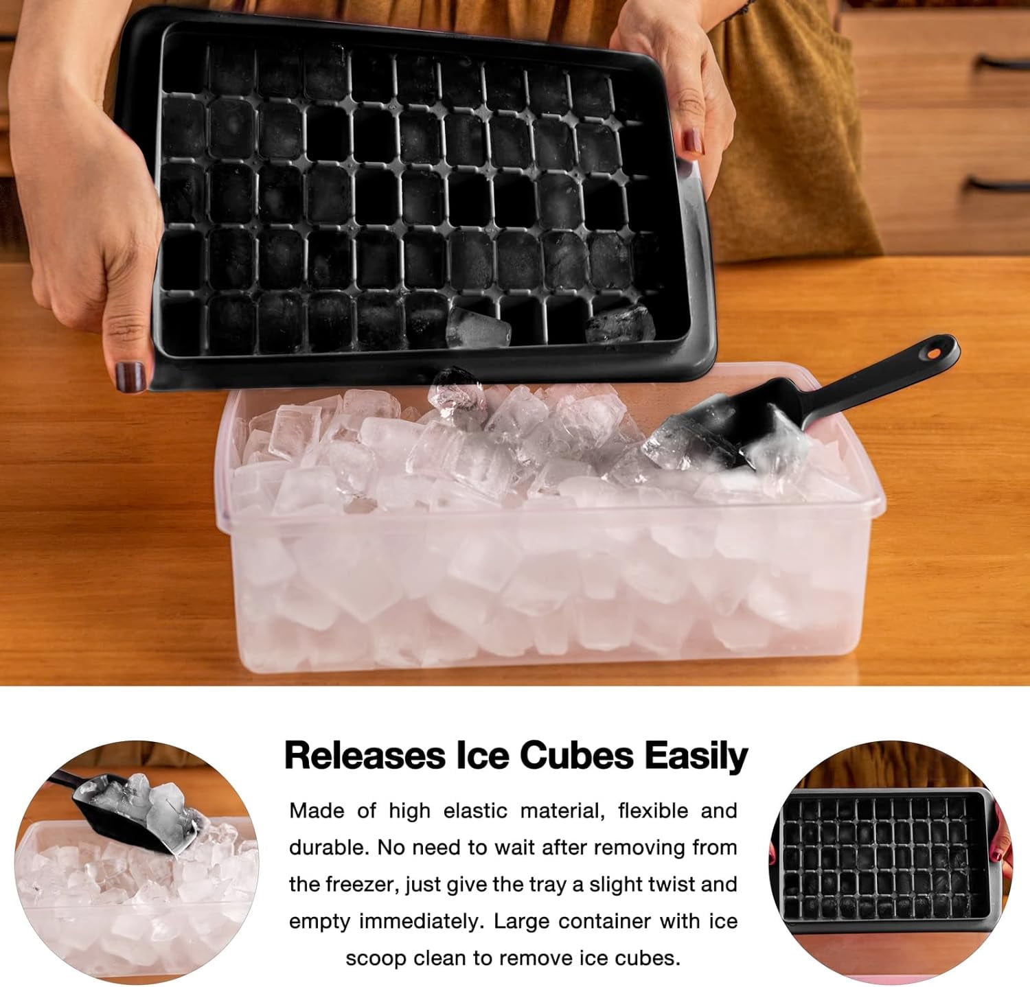 Ice Cube Tray with Lid and Bin 55 - Ice Cube Molds for Freezer BPA Free Ice Container Comes with Scoop and Cover (Black-55) Ice Cube Molds & Trays