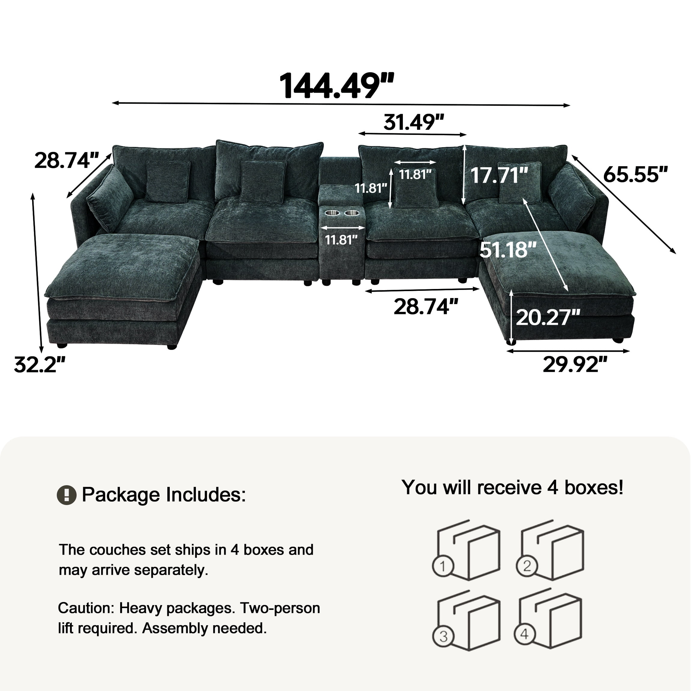 SOULART 144 U Shaped Couch Living Room Furniture - Black-gray Couch Cloud Modular Sectional Sofa with Ottoman, Chenille 6-Seat, Console & Cup Holders