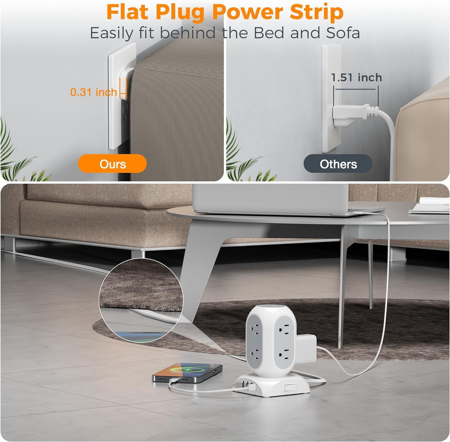10Ft Surge Protector Power Strip Tower 8 Outlets 3 USB & 1 USB C Ports,1050J Protection Desk Charging Station for Home, Office ,School, Dorm Room,Gery
