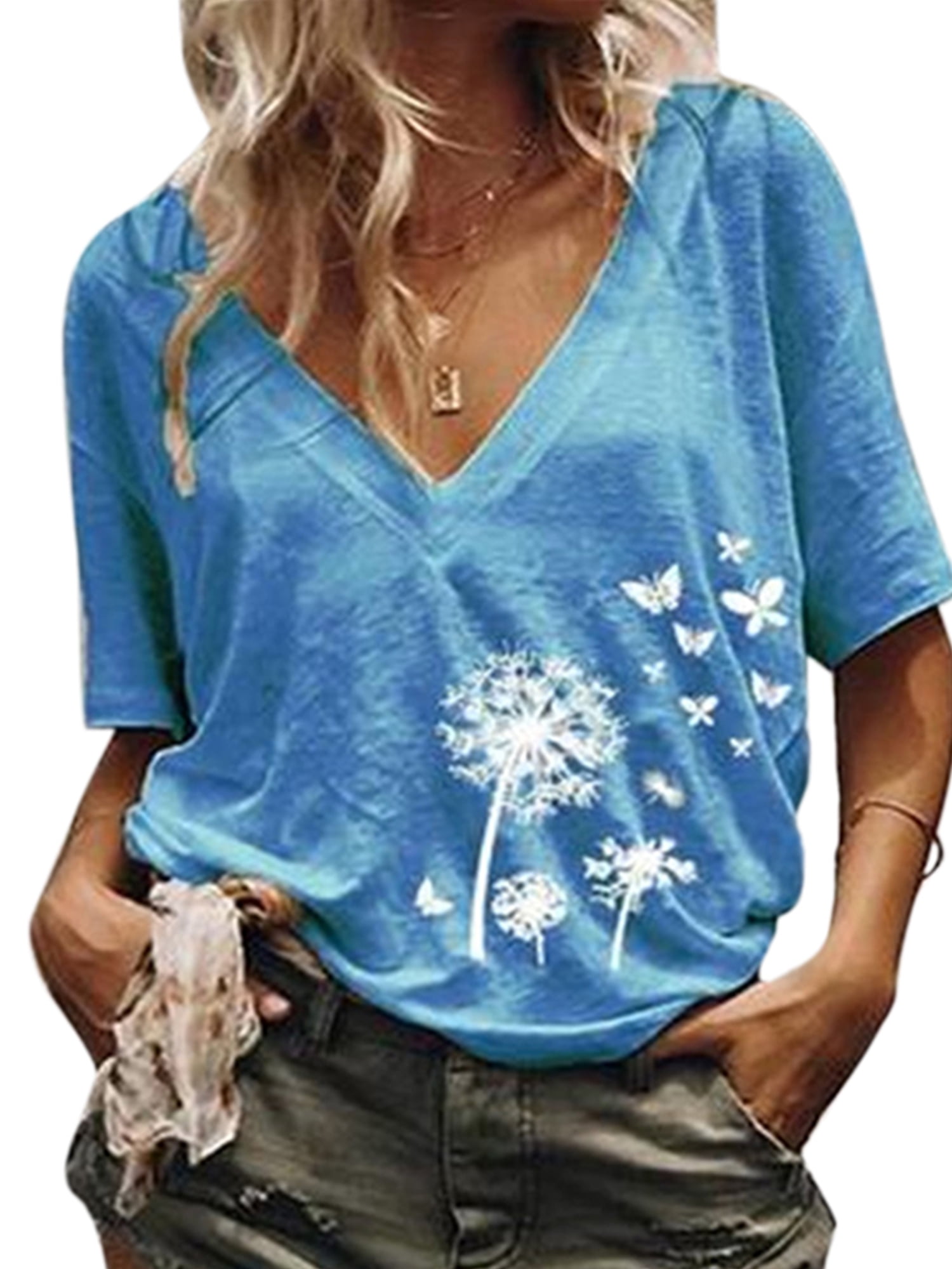 Wodstyle - Women Floral Baggy V-Neck T-shirt Summer Casual Loose Fit ...