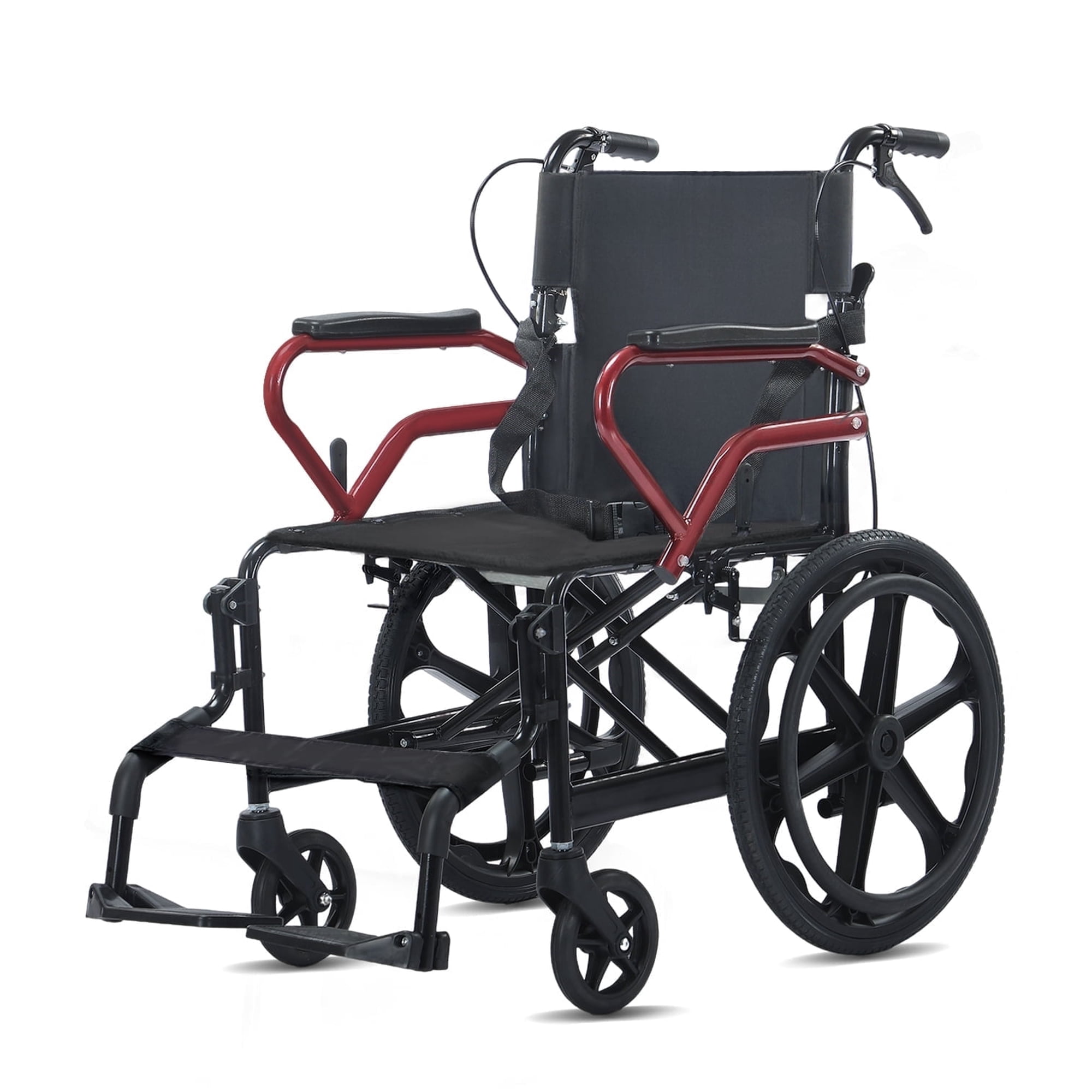 YEBEI Transport Wheelchair for Adults Fold Manual Self-Propelled Wheelchair for Seniors with Double Hand Brakes Support 250lbs Weighs Black Red