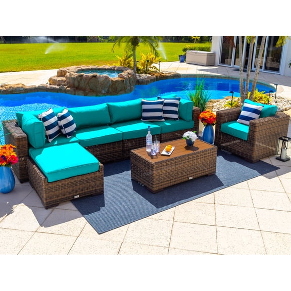 Tuscany 7-Piece Outdoor Patio Furniture Sectional Sofa Set with Four Modular Sectional Pieces, Armchair, Ottoman, and Coffee Table (Half-Round Brown Wicker, Sunbrella Canvas Aruba)
