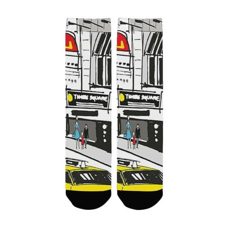 

Modern Times Square New York with People in Street Taxi Cabs Traffic Fashion Illustration Multicolor Women s Custom Socks (Made In USA)
