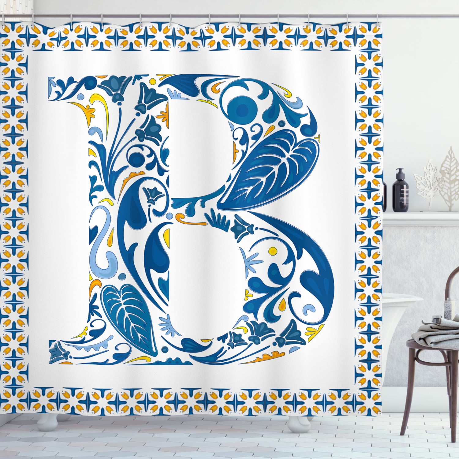 Letter B Shower Curtain, European Art Elements Floral B Letter In ...