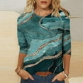 thumbnail image 2 of Camiseta holgada estampada a la moda para mujer, blusa de manga 3/4 de longitud media, Tops informales con cuello redondo Pompotops  FGAJ9221, 2 of 5