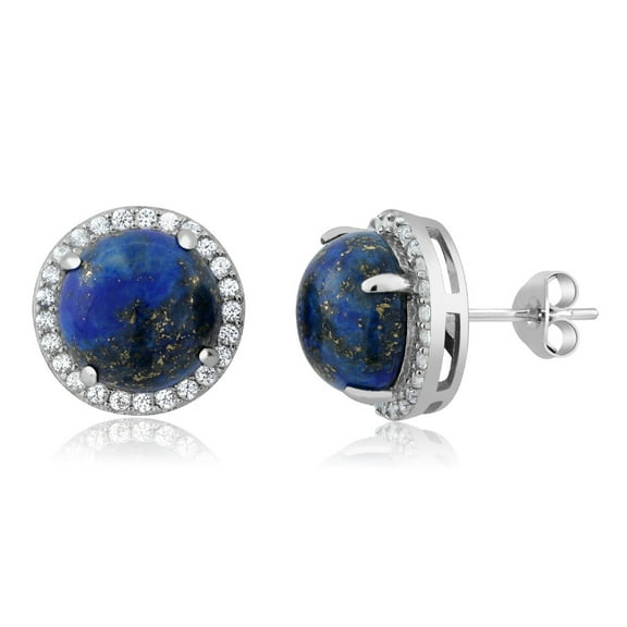 Gem Stone King Round Blue Simulated Lapis Gemstone Stud Earrings for Women Men | 925 Sterling Silver | Round Cabouchon Cut 10MM