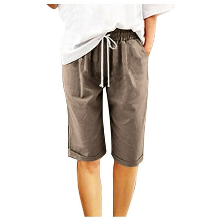 TOWED22 Women Summer Cotton Linen Bermuda Shorts Knee Length Plus Size Casual Beach Elastic Waist Drawstring Comfy Trendy Long Shorts（Brown 5XL）