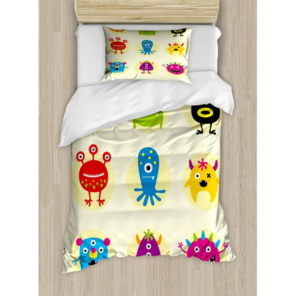 Alien Duvet Cover Set, Colorful Monsters Extraterrestrial Beings Illustration Cartoon Art, Decorative 2 Piece Bedding Set with 1 Pillow Shams, Twin Size, Cream and Multicolor, by Ambesonne