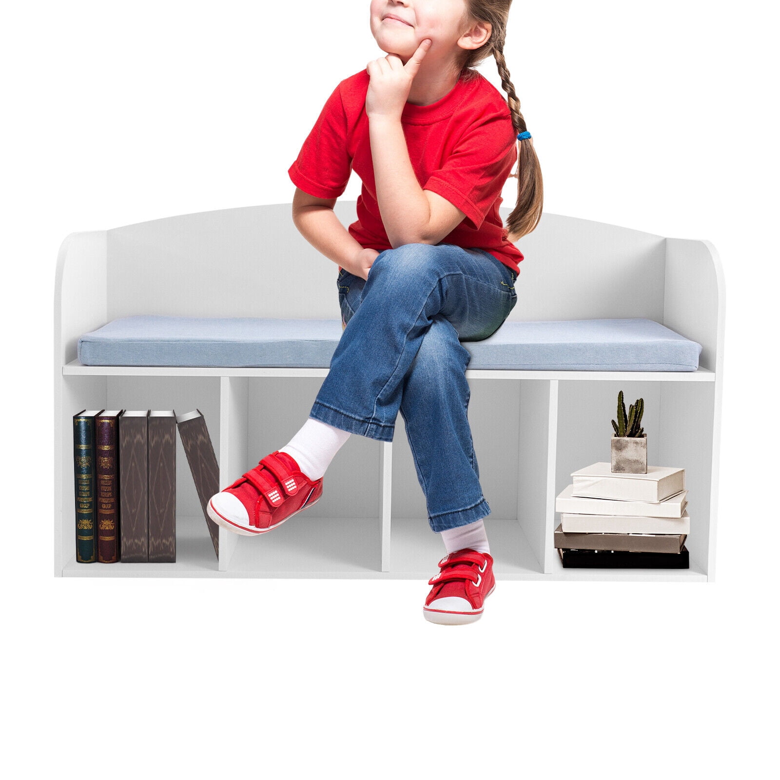 Bookshelf with Reading Nook,4-Cube Storage with Book Rack Soft Cushion Floor Standing Book Organizer Storage Organizer for Bedroom （White）
