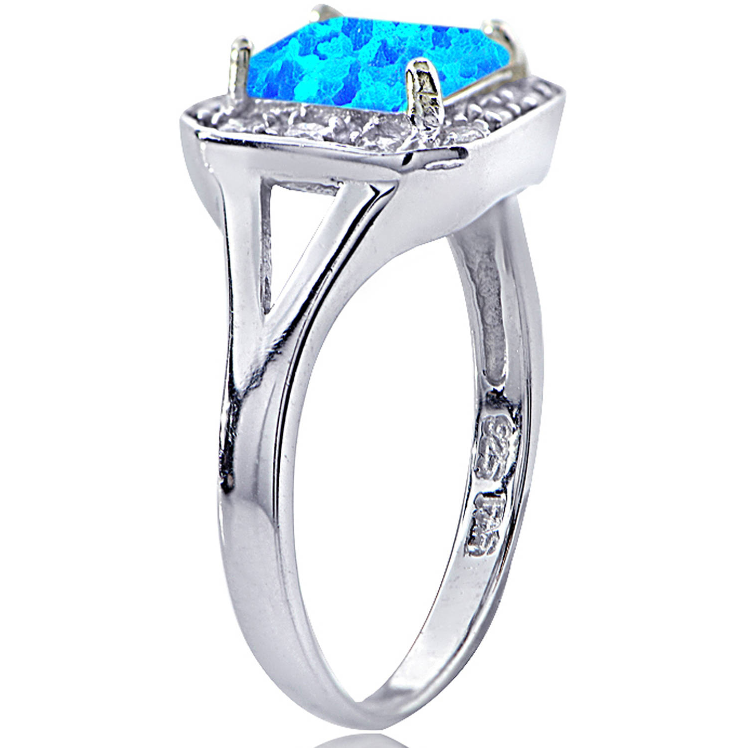 Created Blue Opal and CZ Sterling Silver Square Ring