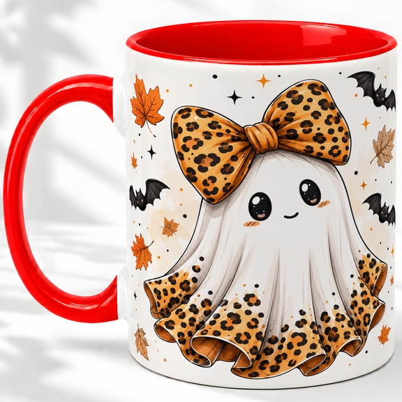 Leopard Bow Ghost Accent Mug, 11oz Ceramic Coffee Cup for Halloween
