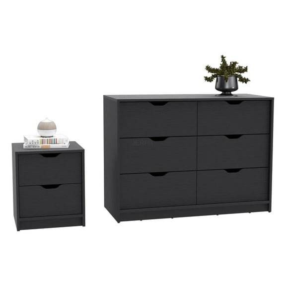 JERFIT Bennett 2-Piece Bedroom Set with 8-Drawers, Nightstand and Dresser, Black Finish, Particle Board
